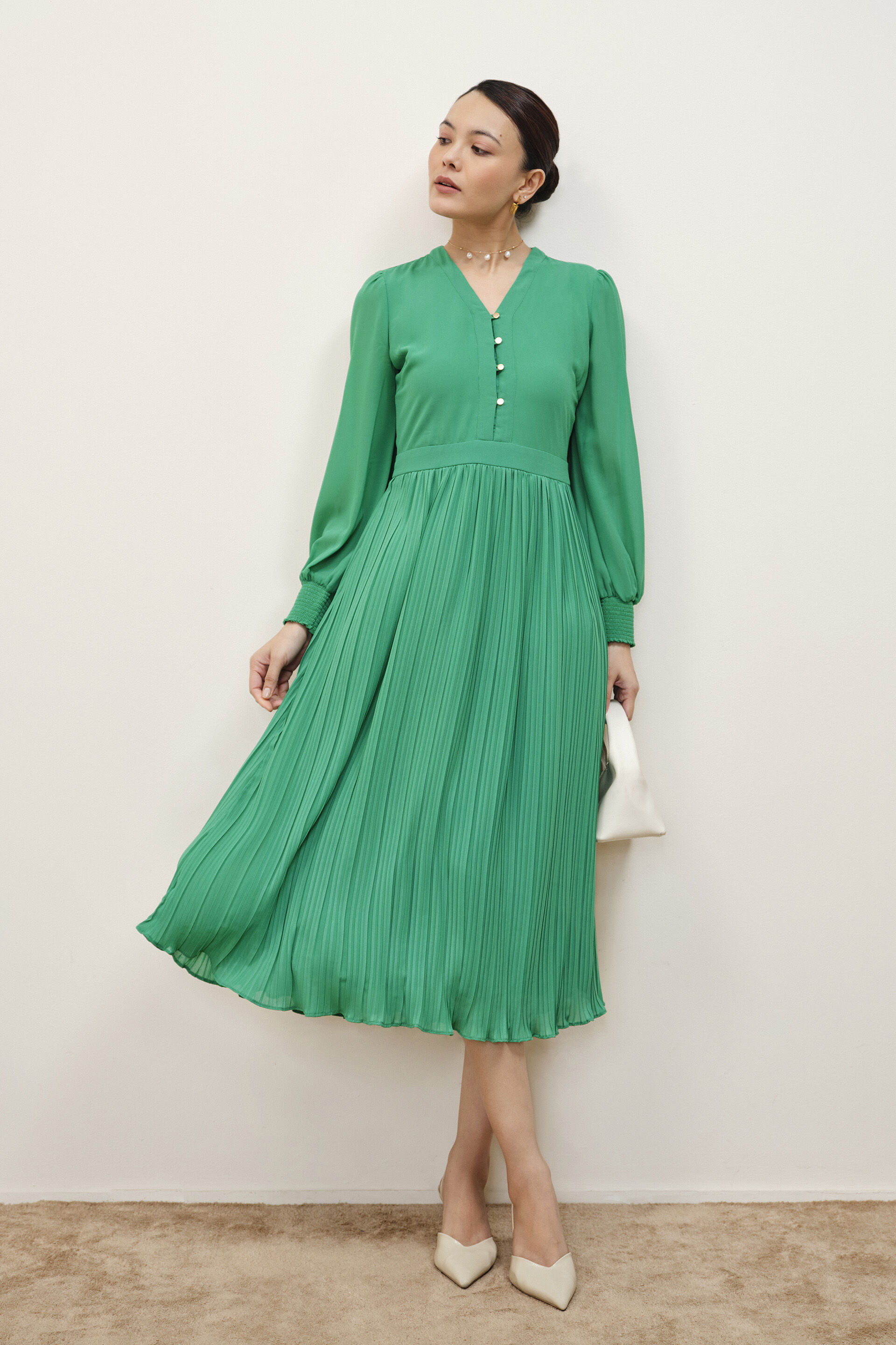 Gloria Green Pleated Dress, Green, image 1